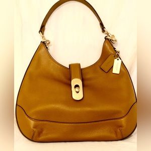 Coach Clasp Front Camel Leather Hobo Bag